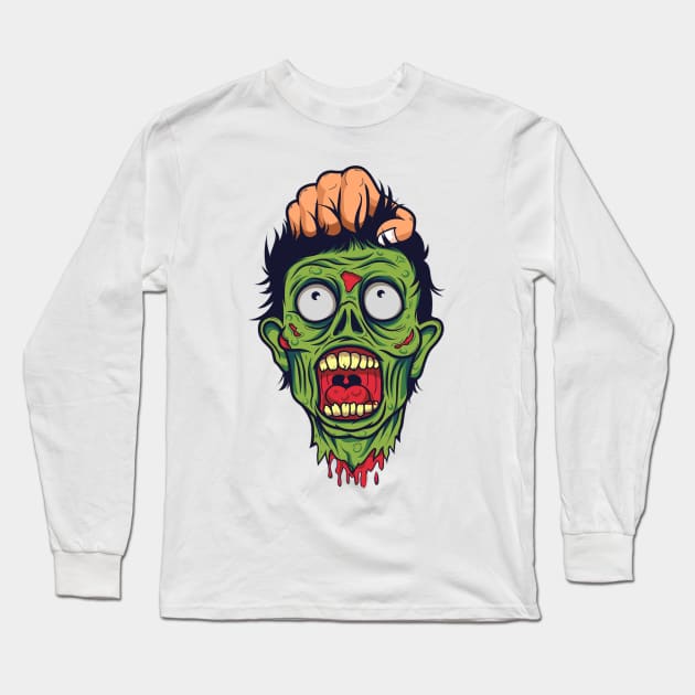 Zombie Head - Scary Halloween Cartoon Art Long Sleeve T-Shirt by bigbikersclub